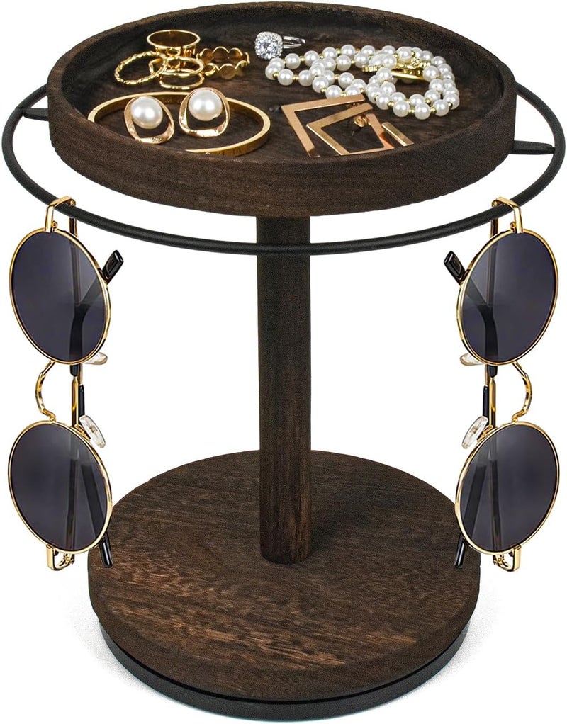 LingLingo Sunglasses Organizer 360° Rotating Eyeglass Holder Stand with Wood Tray and Base, Eye Glass Display Rack for Multiple Sunglass Storage for Table Dresser Nightstand Desk - Image 1